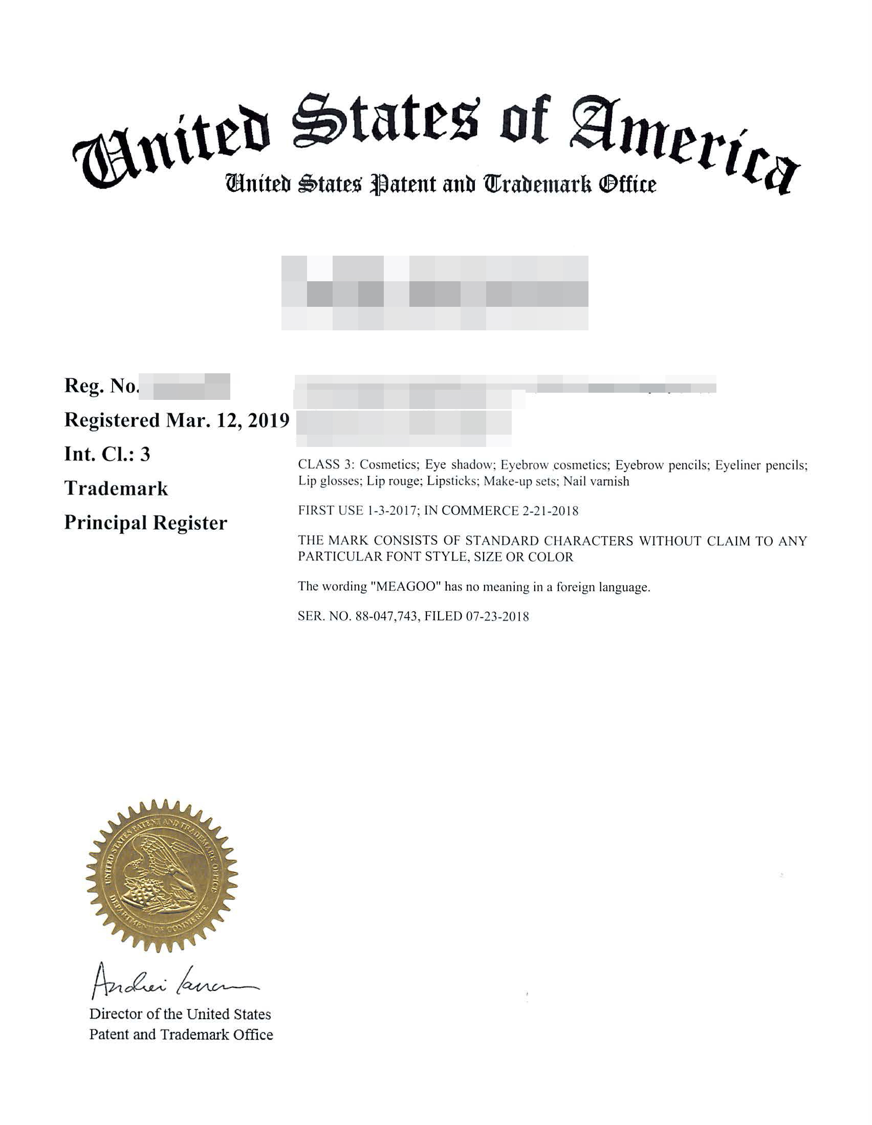 U.S. Trademark Certificate